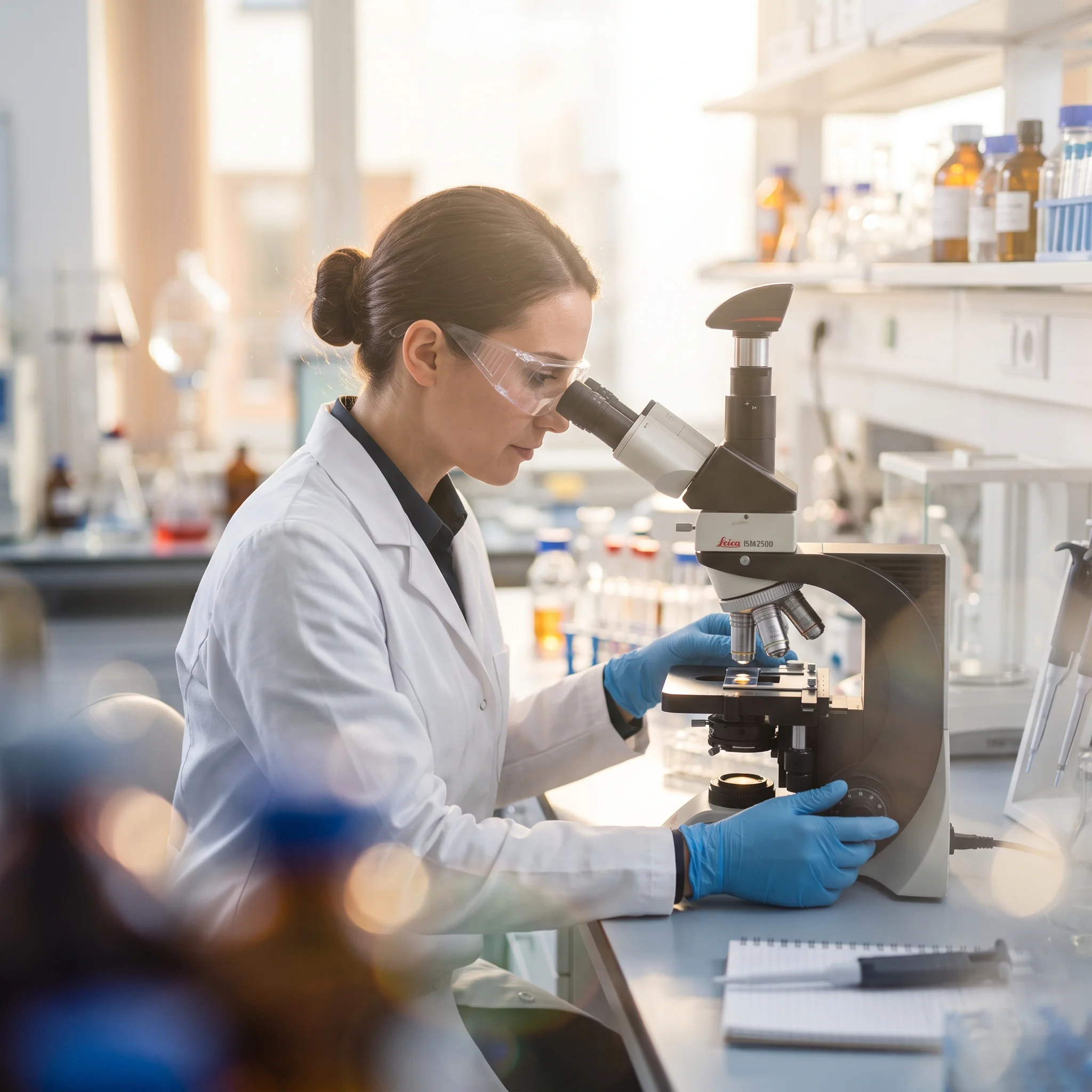 Scientist examining a sample under a microscope in a laboratory