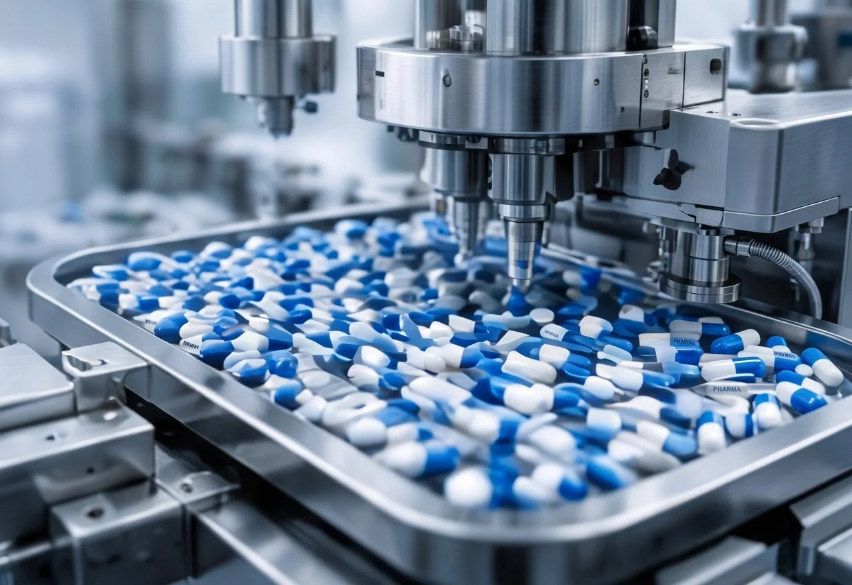 Capsule manufacturing machine filling capsules on a production line